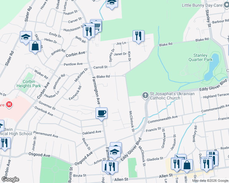 map of restaurants, bars, coffee shops, grocery stores, and more near 56 Sandy Brook Drive in New Britain