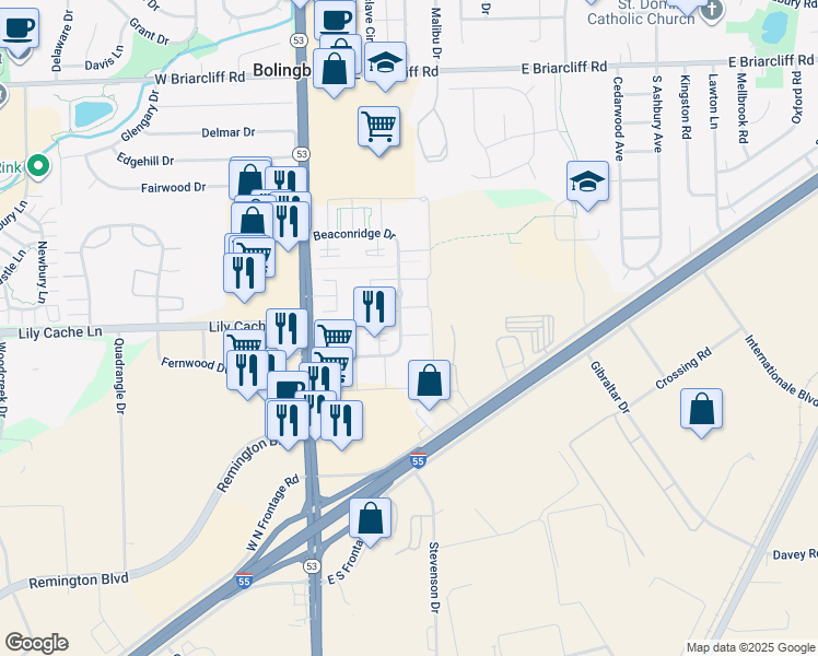 map of restaurants, bars, coffee shops, grocery stores, and more near 413 Providence Court in Bolingbrook