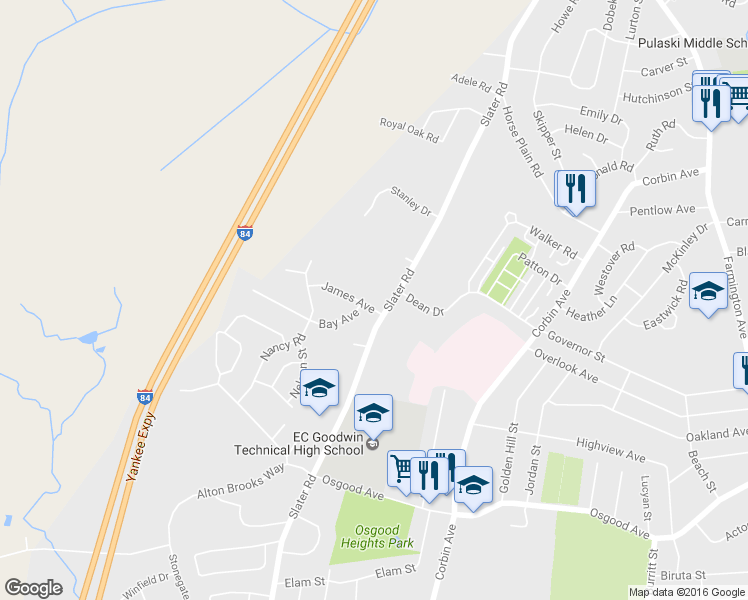 map of restaurants, bars, coffee shops, grocery stores, and more near 15 James Avenue in New Britain