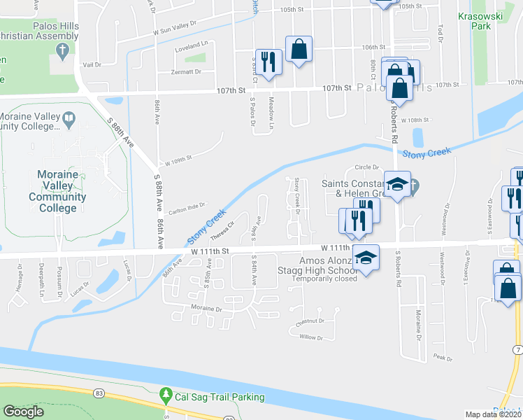 map of restaurants, bars, coffee shops, grocery stores, and more near 11033 South 84th Avenue in Palos Hills