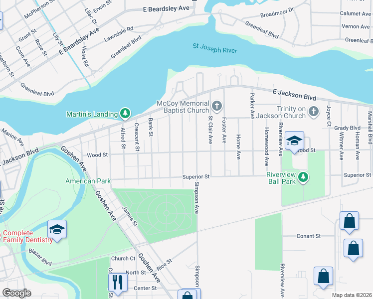 map of restaurants, bars, coffee shops, grocery stores, and more near 1800-1898 Wood Street in Elkhart