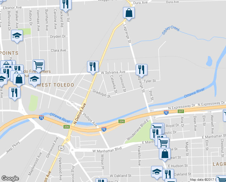map of restaurants, bars, coffee shops, grocery stores, and more near 3915 Catawba Street in Toledo