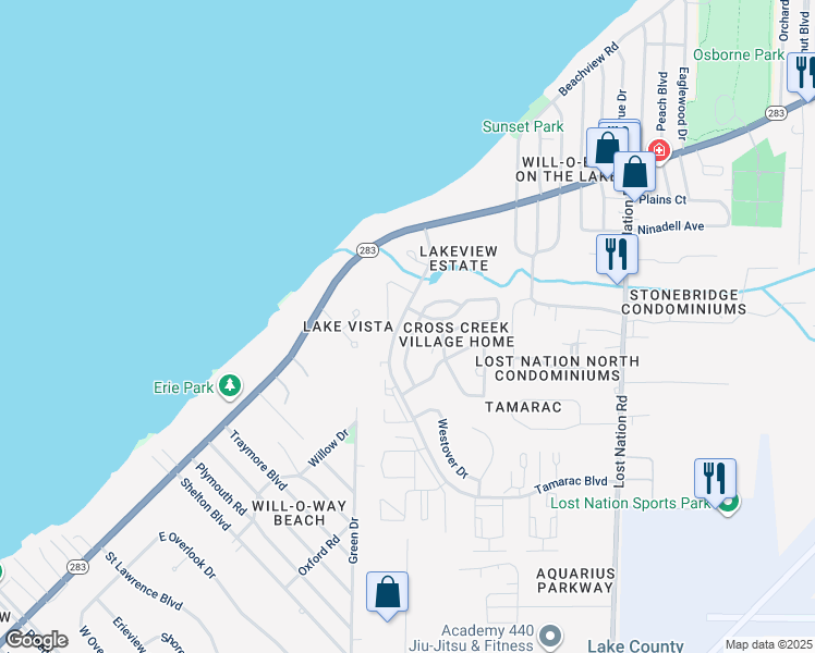 map of restaurants, bars, coffee shops, grocery stores, and more near 1328 North Brooks Drive in Willoughby