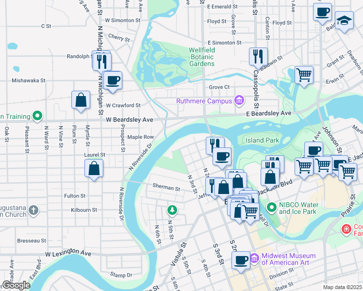 map of restaurants, bars, coffee shops, grocery stores, and more near 230 Pottawattomi Drive in Elkhart