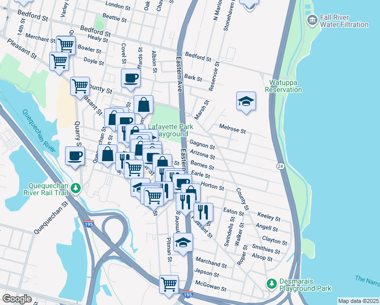 map of restaurants, bars, coffee shops, grocery stores, and more near 478 U.S. 6 in Fall River