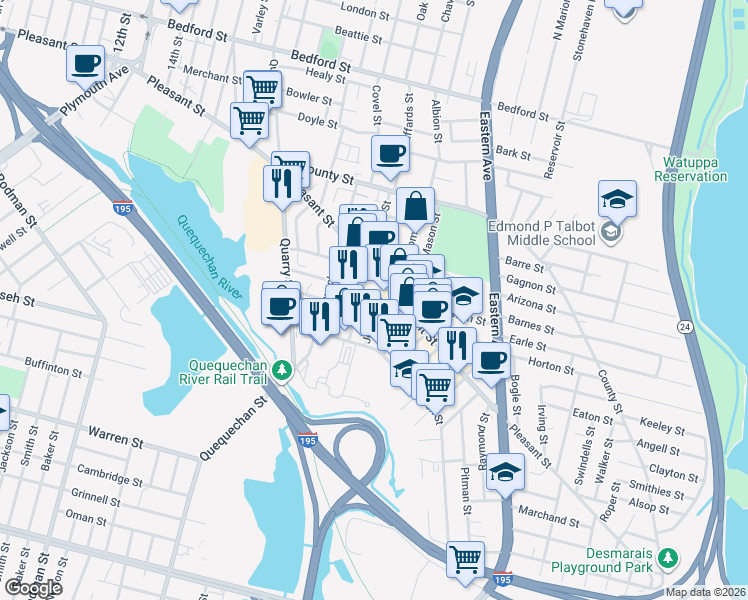 map of restaurants, bars, coffee shops, grocery stores, and more near 256 Flint Street in Fall River