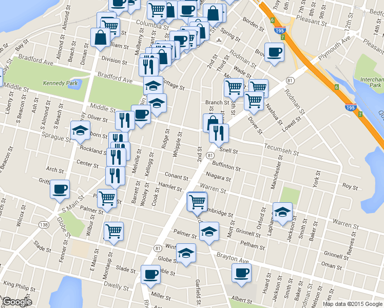 map of restaurants, bars, coffee shops, grocery stores, and more near 560 Osborn Street in Fall River