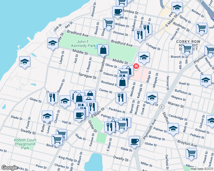 map of restaurants, bars, coffee shops, grocery stores, and more near 37 Rockland Street in Fall River