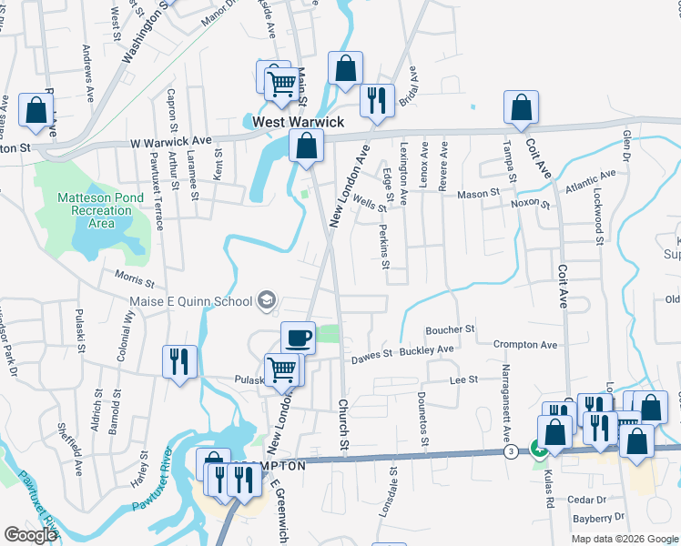 map of restaurants, bars, coffee shops, grocery stores, and more near 67 Leaf Street in West Warwick