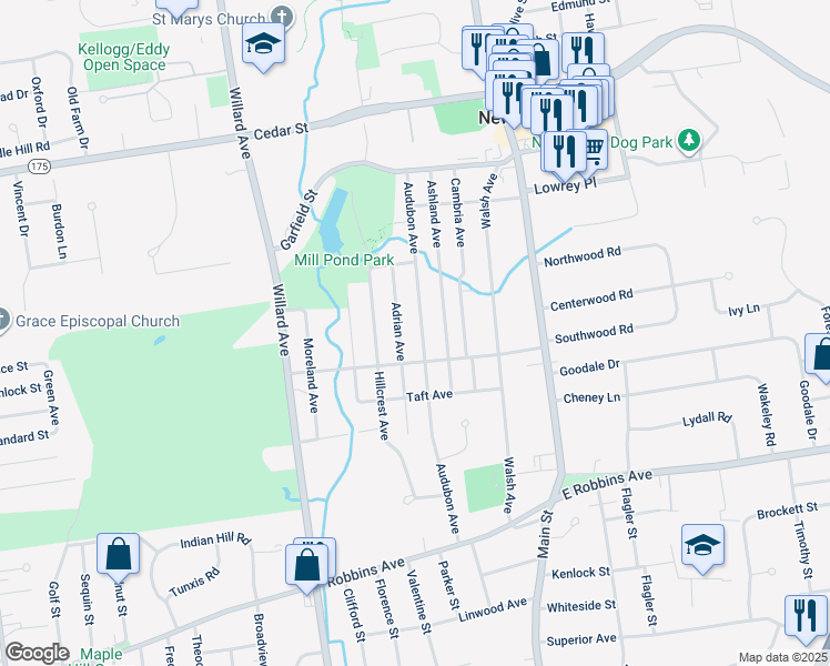 map of restaurants, bars, coffee shops, grocery stores, and more near 180 Adrian Avenue in Newington