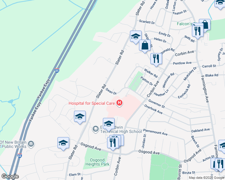 map of restaurants, bars, coffee shops, grocery stores, and more near 40 Dean Drive in New Britain