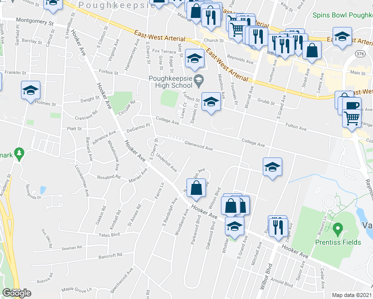 map of restaurants, bars, coffee shops, grocery stores, and more near 28 Glenwood Avenue in Poughkeepsie