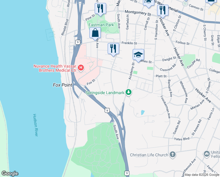 map of restaurants, bars, coffee shops, grocery stores, and more near 210 South Avenue in Poughkeepsie