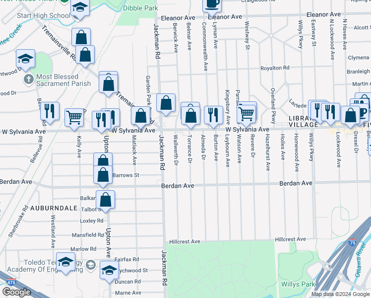 map of restaurants, bars, coffee shops, grocery stores, and more near 1617 Gens Drive in Toledo