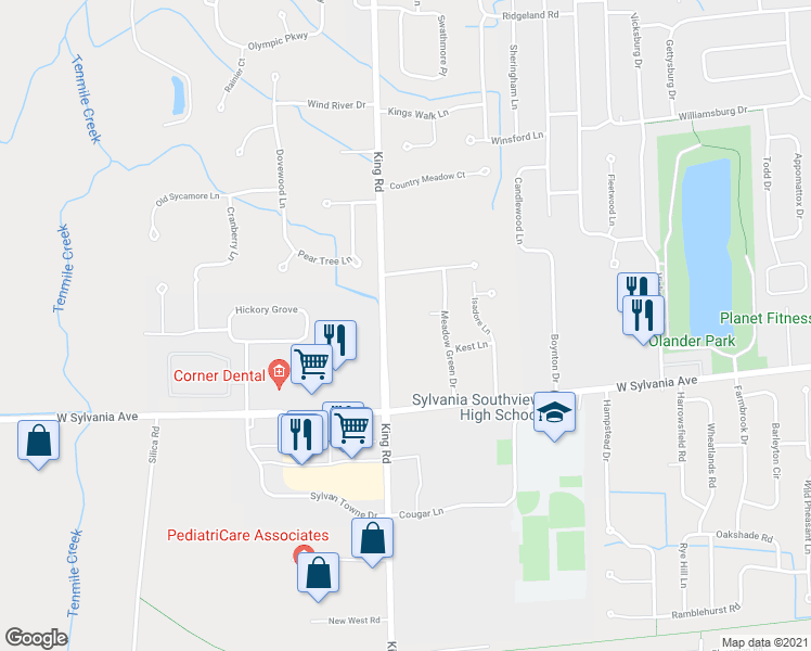 map of restaurants, bars, coffee shops, grocery stores, and more near 4120 King Road in Sylvania