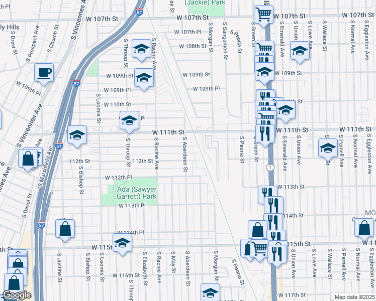 map of restaurants, bars, coffee shops, grocery stores, and more near 1057 West 111th Place in Chicago