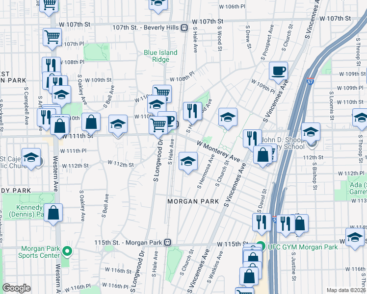 map of restaurants, bars, coffee shops, grocery stores, and more near 11120 South Homewood Avenue in Chicago