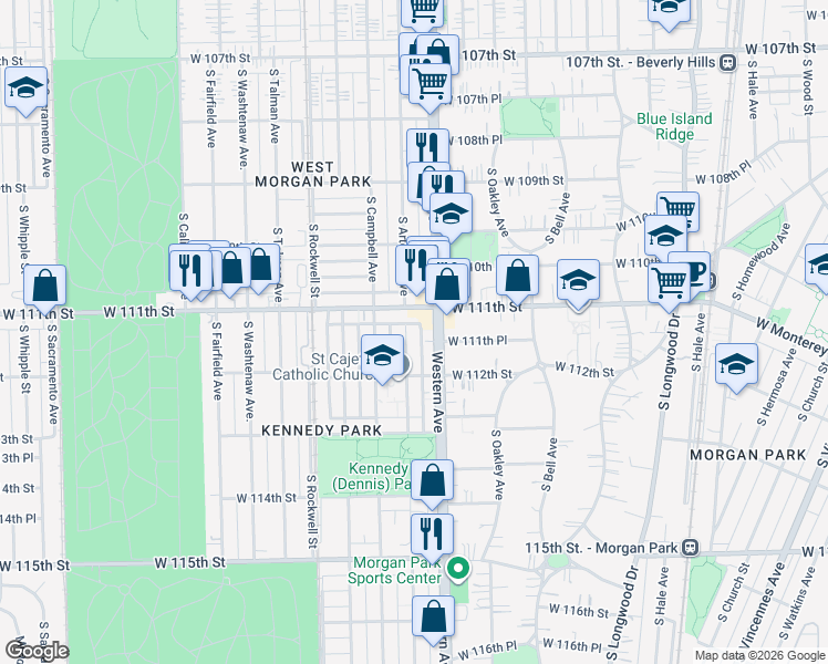 map of restaurants, bars, coffee shops, grocery stores, and more near 11124 South Artesian Avenue in Chicago