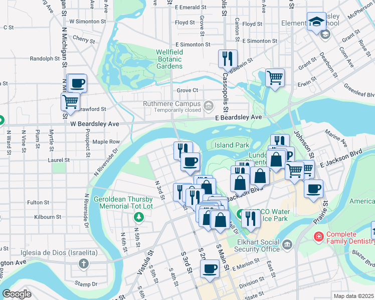 map of restaurants, bars, coffee shops, grocery stores, and more near 400 North Main Street in Elkhart