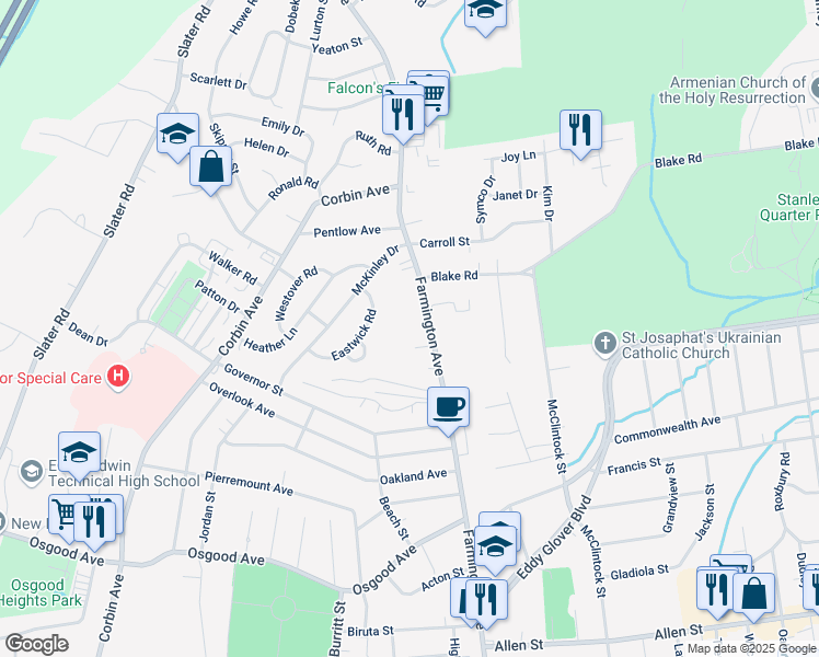 map of restaurants, bars, coffee shops, grocery stores, and more near 494 Farmington Avenue in New Britain
