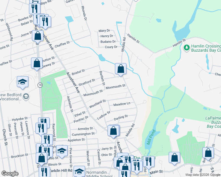 map of restaurants, bars, coffee shops, grocery stores, and more near 4 Monmouth Street in Acushnet