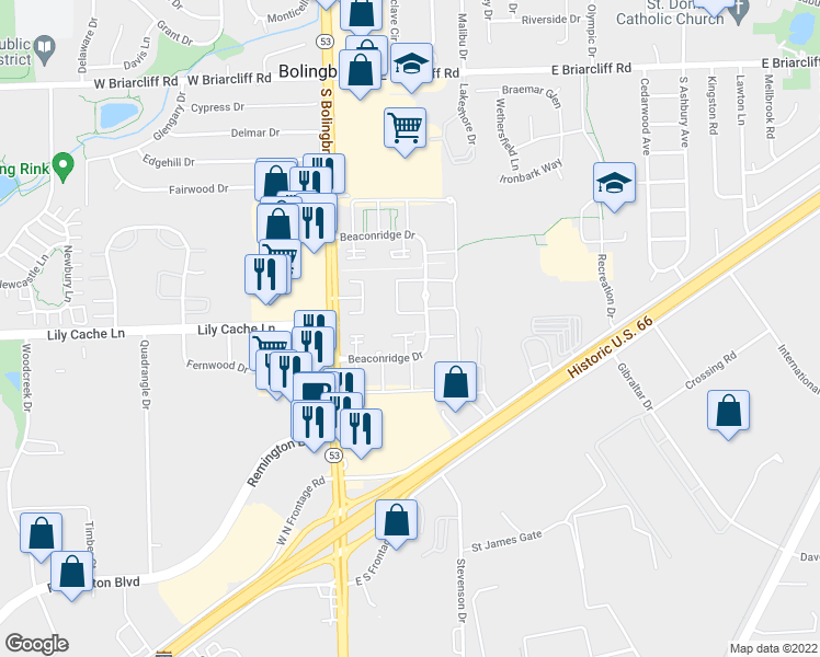 map of restaurants, bars, coffee shops, grocery stores, and more near 142 Somerset Lane in Bolingbrook