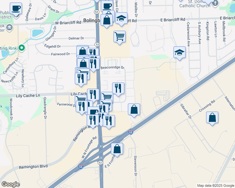 map of restaurants, bars, coffee shops, grocery stores, and more near 142 Somerset Lane in Bolingbrook