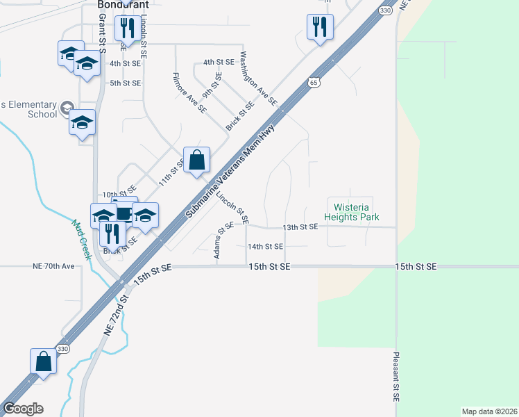 map of restaurants, bars, coffee shops, grocery stores, and more near 1205 Cove Street Southeast in Bondurant