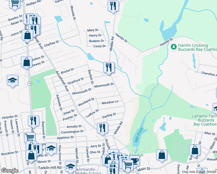 map of restaurants, bars, coffee shops, grocery stores, and more near 2 Elwood Lane in Acushnet