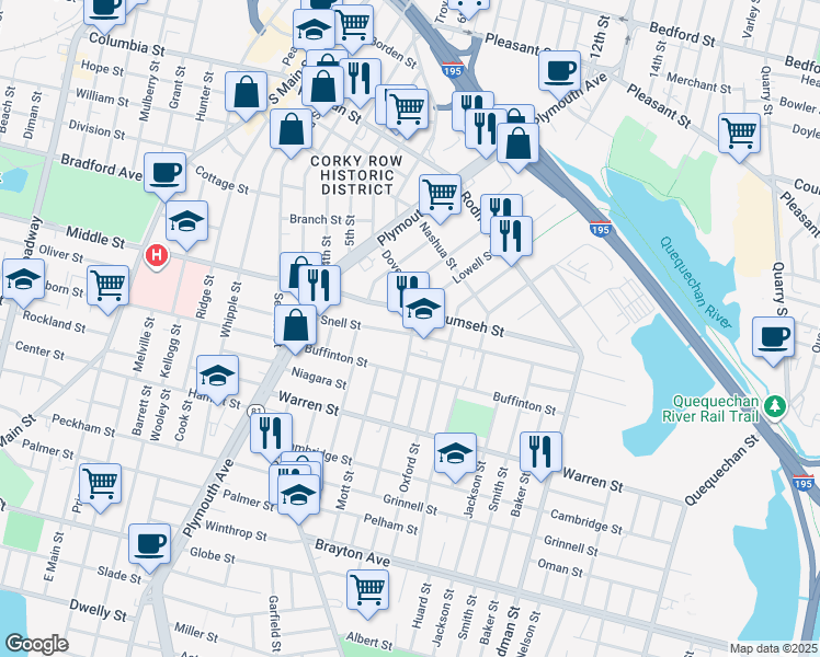 map of restaurants, bars, coffee shops, grocery stores, and more near 208 Snell Street in Fall River