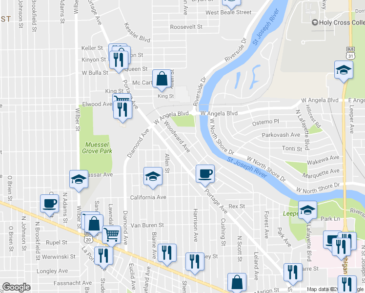 map of restaurants, bars, coffee shops, grocery stores, and more near 1209 Woodward Avenue in South Bend