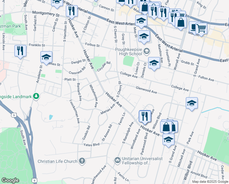 map of restaurants, bars, coffee shops, grocery stores, and more near 3 Oak Crescent in Poughkeepsie