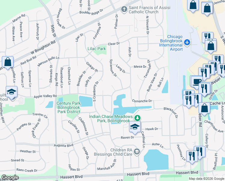map of restaurants, bars, coffee shops, grocery stores, and more near 1 Lacebark Court in Bolingbrook