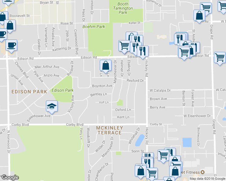 map of restaurants, bars, coffee shops, grocery stores, and more near 1158 Manchester Drive in South Bend