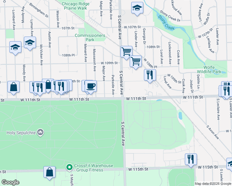 map of restaurants, bars, coffee shops, grocery stores, and more near 5600 111th Street in Chicago Ridge