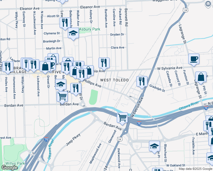 map of restaurants, bars, coffee shops, grocery stores, and more near 630 Phillips Avenue in Toledo