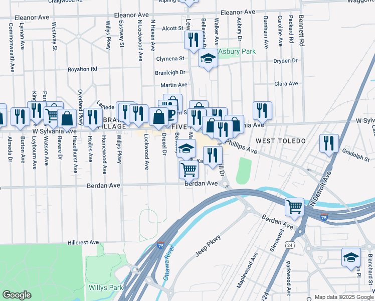 map of restaurants, bars, coffee shops, grocery stores, and more near 3910 Berkeley in Toledo