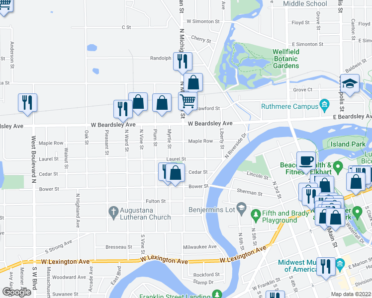 map of restaurants, bars, coffee shops, grocery stores, and more near 616 North Michigan Street in Elkhart