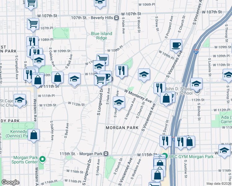 map of restaurants, bars, coffee shops, grocery stores, and more near 11120 South Homewood Avenue in Chicago