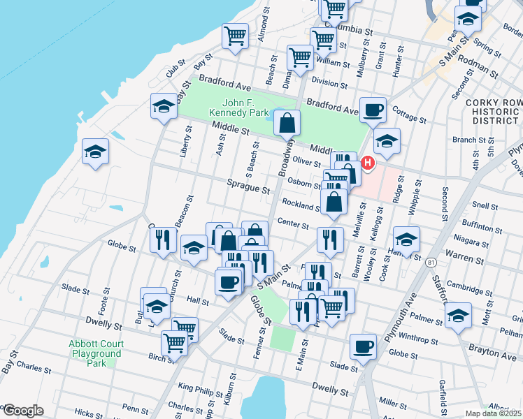 map of restaurants, bars, coffee shops, grocery stores, and more near 390 Center St in Fall River