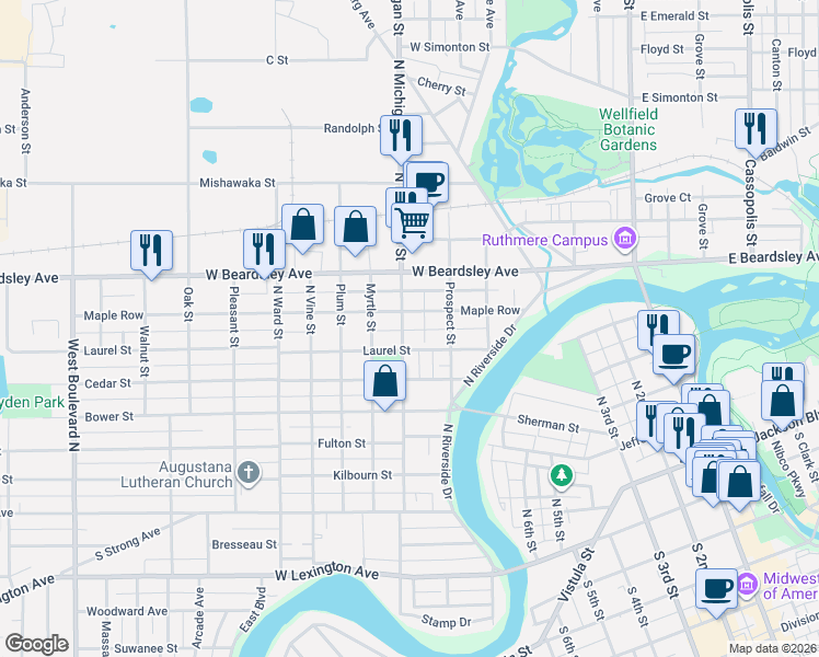 map of restaurants, bars, coffee shops, grocery stores, and more near 636 Laurel Street in Elkhart