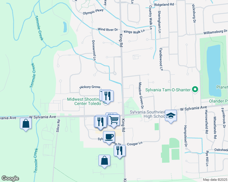 map of restaurants, bars, coffee shops, grocery stores, and more near 4125 King Road in Sylvania