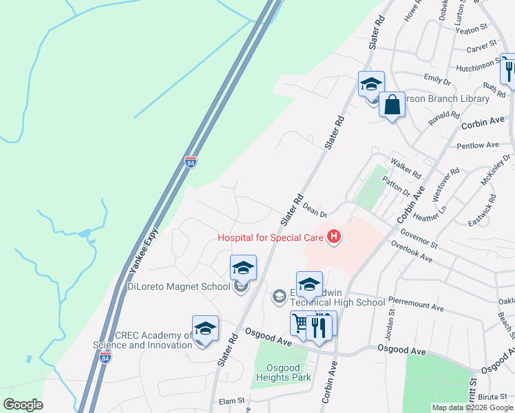 map of restaurants, bars, coffee shops, grocery stores, and more near 52 James Avenue in New Britain
