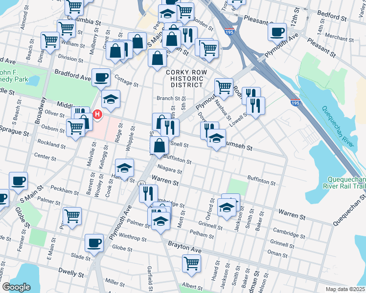 map of restaurants, bars, coffee shops, grocery stores, and more near 22 Lenox Street in Fall River