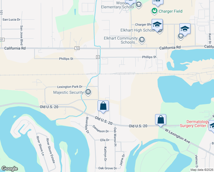 map of restaurants, bars, coffee shops, grocery stores, and more near 633 Kollar Street in Elkhart