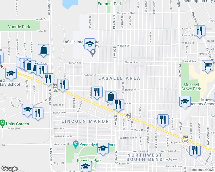 map of restaurants, bars, coffee shops, grocery stores, and more near 1225 Fremont Street in South Bend