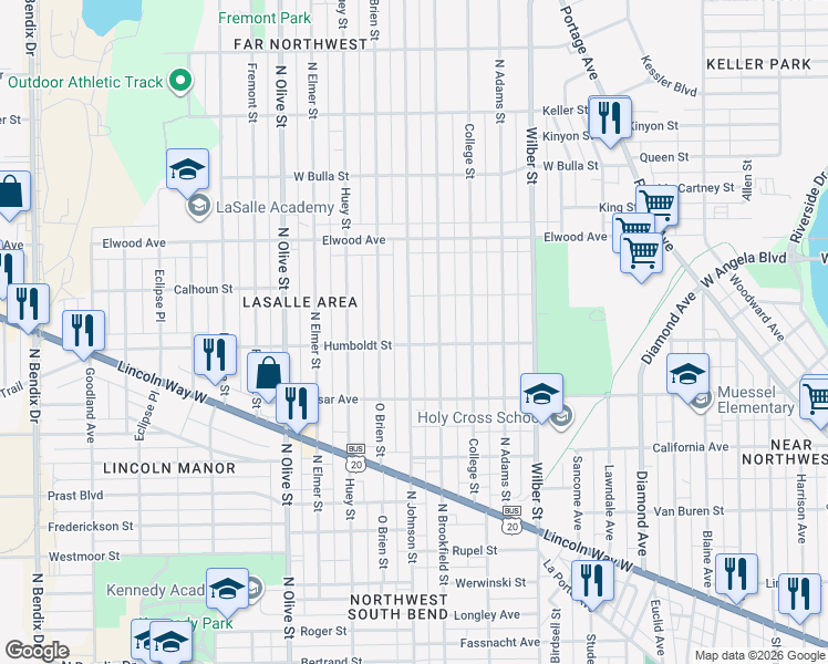 map of restaurants, bars, coffee shops, grocery stores, and more near 1206 North Johnson Street in South Bend