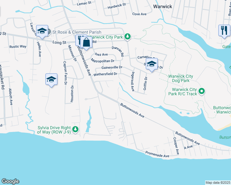 map of restaurants, bars, coffee shops, grocery stores, and more near 25 Seabreeze Terrace in Warwick
