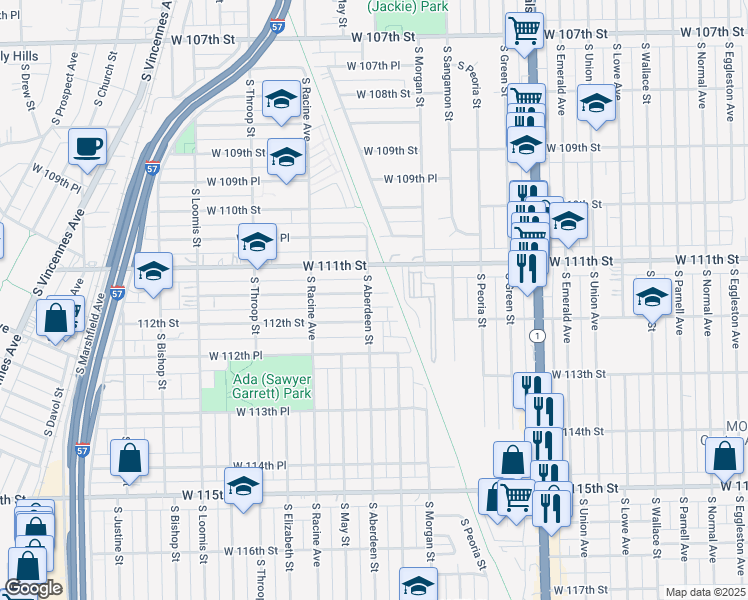 map of restaurants, bars, coffee shops, grocery stores, and more near 1057 West 111th Place in Chicago
