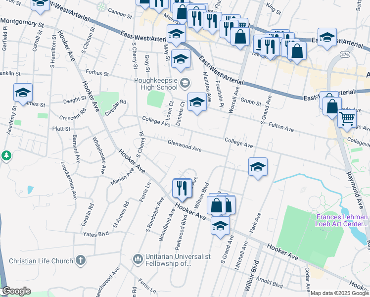 map of restaurants, bars, coffee shops, grocery stores, and more near 44 Glenwood Avenue in Poughkeepsie